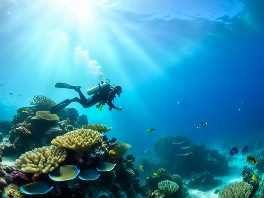 Un buceador explora un vibrante arrecife de coral bajo el agua, rodeado de peces tropicales