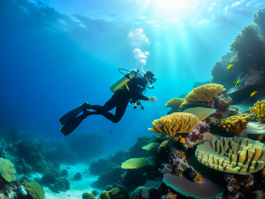 Un buceador explora serenamente un vibrante arrecife de coral, iluminado por el sol, capturando la esencia de las técnicas supervivencia subacuática