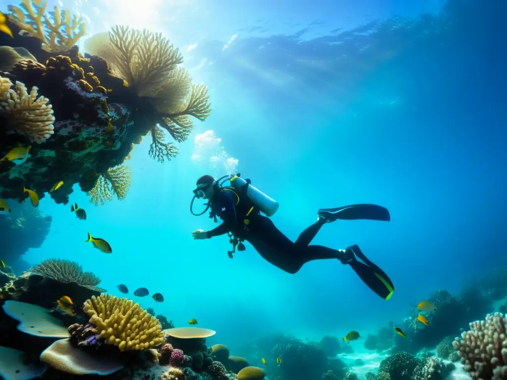 Un buceador explorando un vibrante arrecife de coral bajo el agua, creando una sensación de tranquilidad y asombro