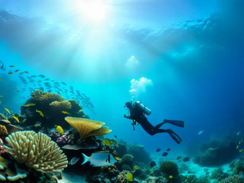 Un buceador explora un vibrante arrecife de coral con peces coloridos