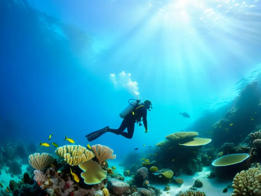 Un buceador explorando un vibrante arrecife de coral lleno de vida marina