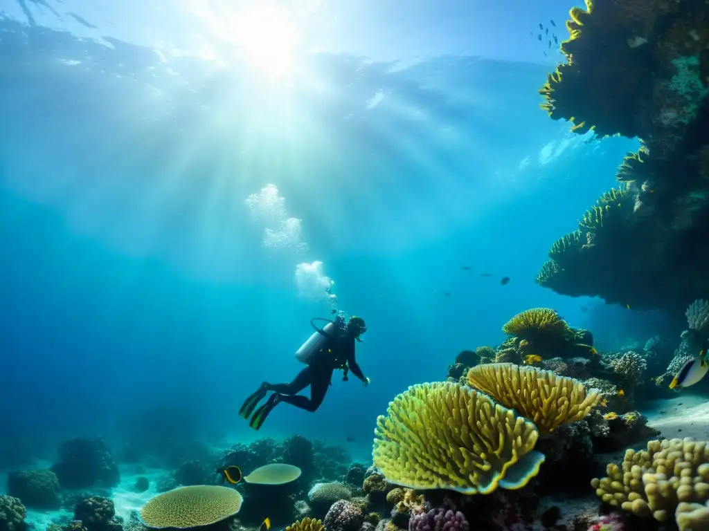 Un buceador explora un vibrante arrecife de coral, con aguas cristalinas y una impresionante juego de luces