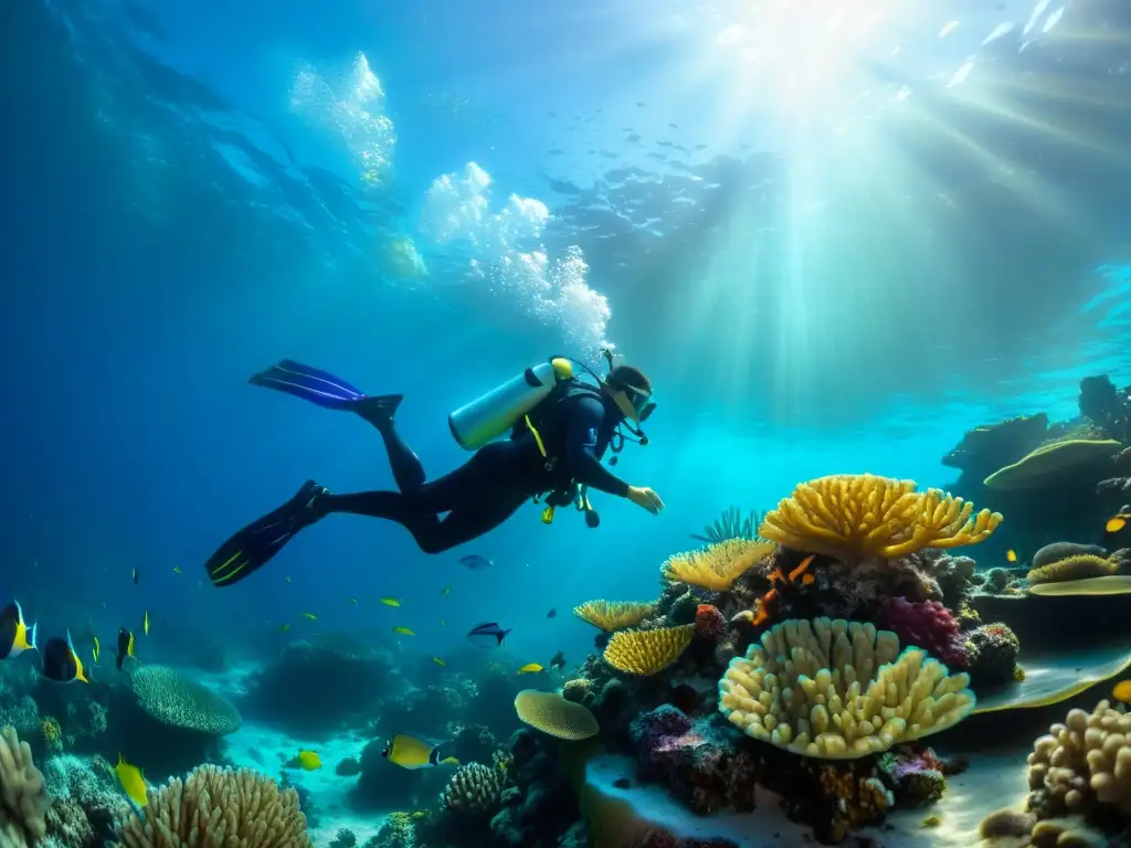 Un buceador explora un vibrante arrecife de coral, rodeado de vida marina colorida bajo el agua cristalina