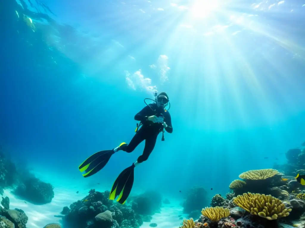 Un buceador explora un vibrante arrecife de coral con las elegantes aletas Cressi Ara EBS, creando un espectáculo de luz y sombra bajo el agua