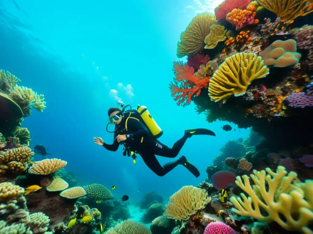 Un buceador explora un vibrante arrecife de coral con equipo de buceo personalizado, destacando la fusión de tecnología y belleza natural