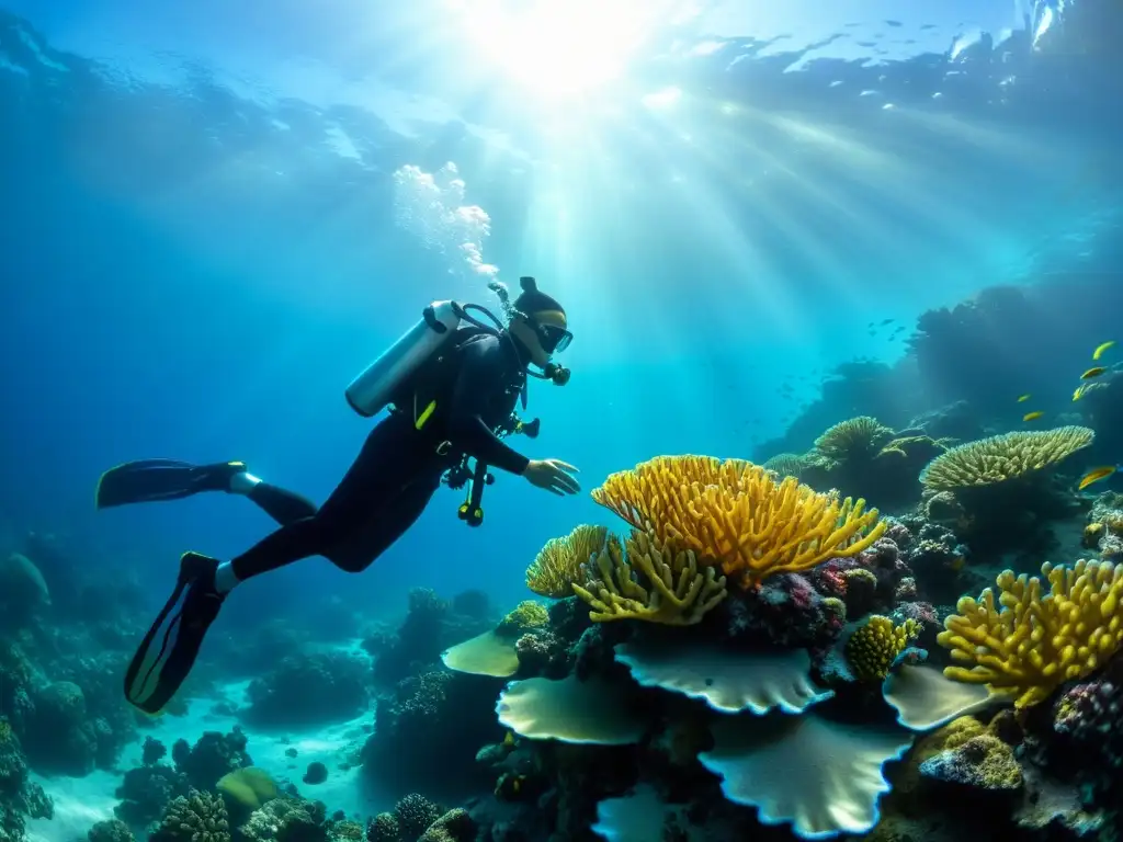 Un buceador explora un vibrante arrecife de coral, equipado con un completo kit de herramientas de buceo