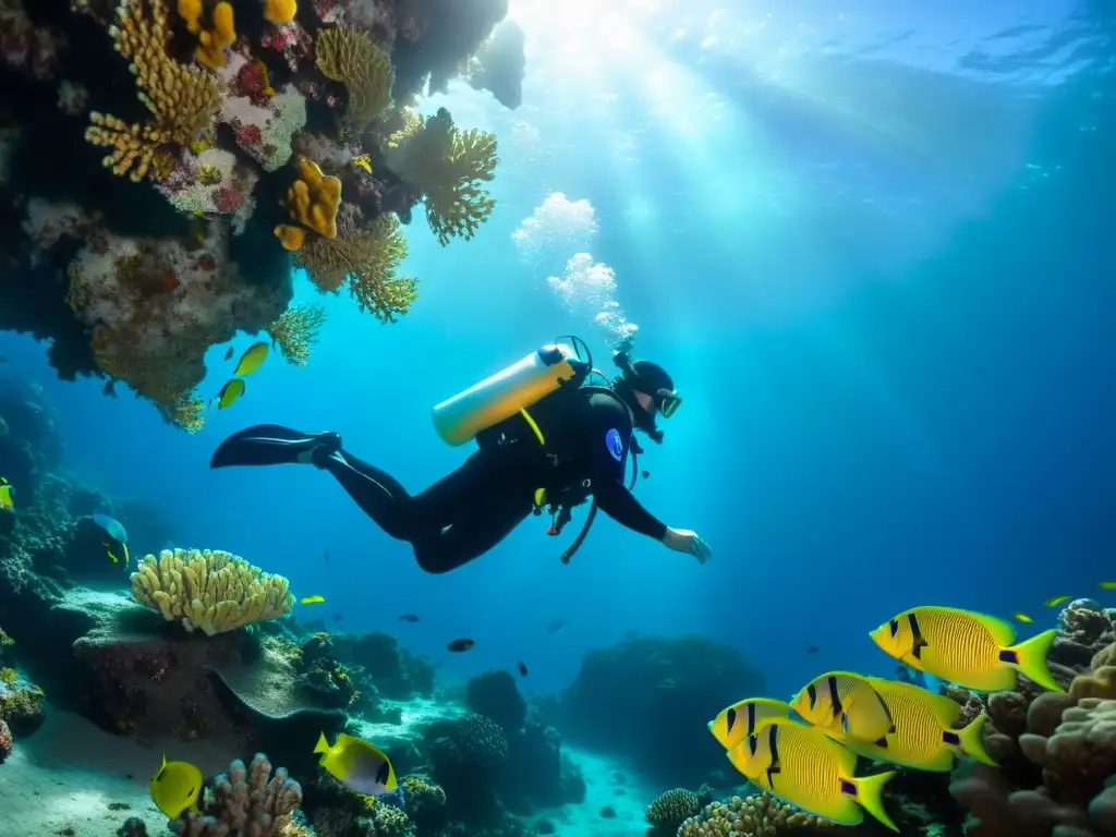 Un buceador desciende elegantemente hacia un vibrante arrecife de coral, rodeado de peces coloridos