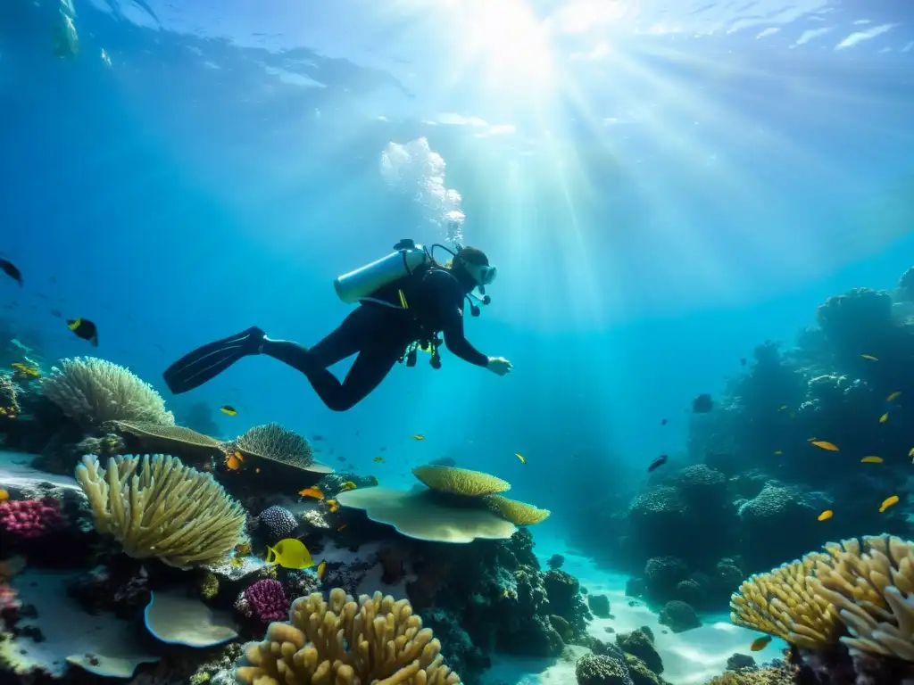 Un buceador navega graciosamente por un vibrante arrecife coralino, bajo el agua cristalina, mostrando la belleza del entrenamiento de buceo equilibrado