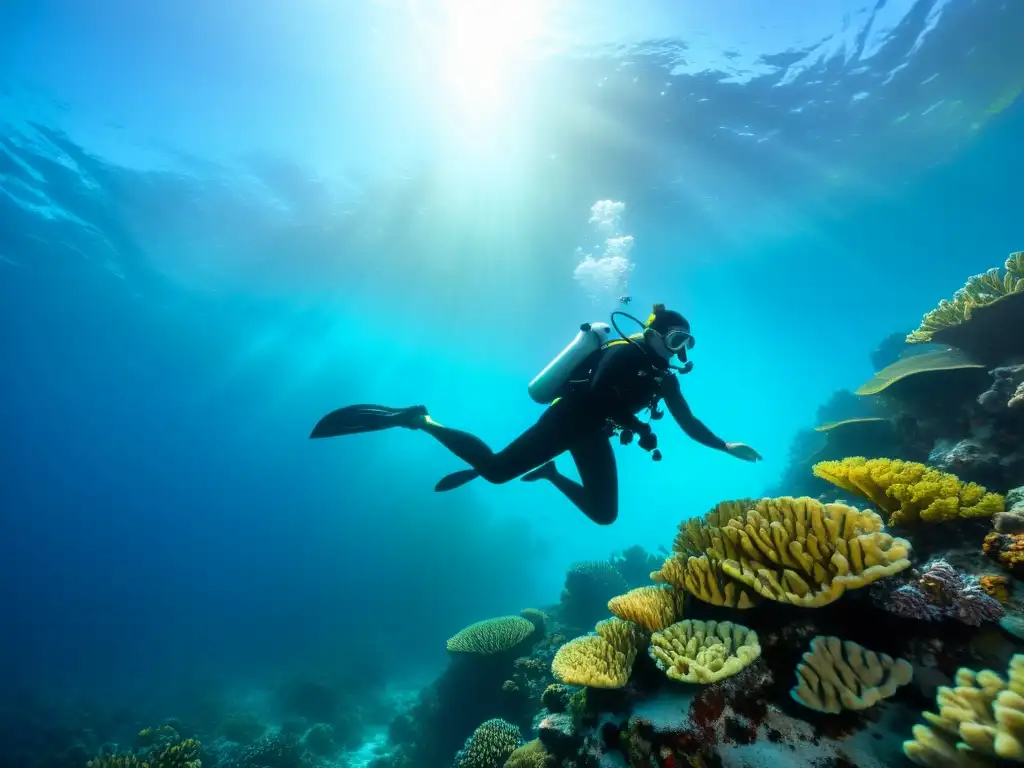Un buceador explora un vibrante arrecife de coral en corrientes marinas, capturando la emoción de la certificación buceo corrientes marinas