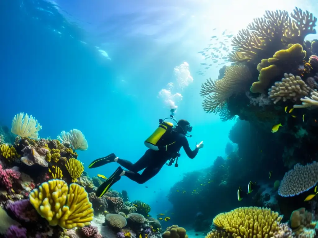 Un buceador explora un vibrante arrecife de coral, mostrando la importancia del entrenamiento cruzado para la adaptabilidad del buceador