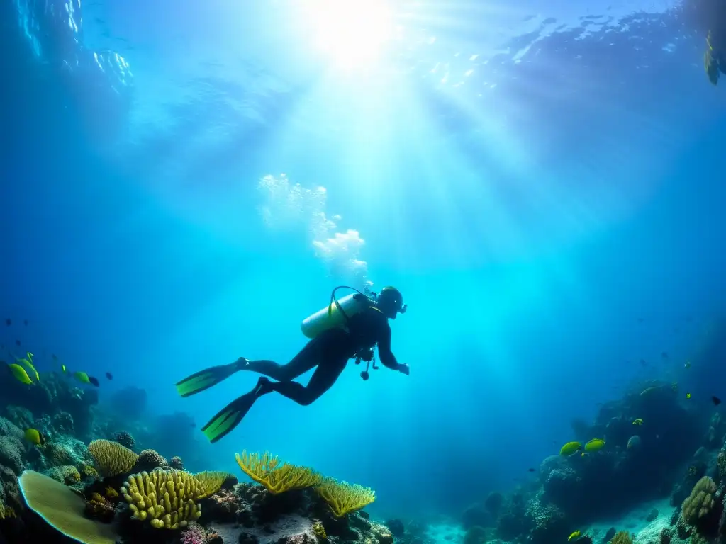 Un buceador explora el vibrante arrecife de coral en el mar abierto, mostrando la belleza única del buceo en aguas profundas
