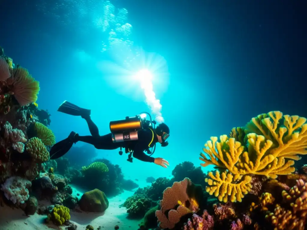 Un buceador ilumina un vibrante arrecife de coral en la oscuridad, creando una escena cautivadora para la guía de buceo nocturno