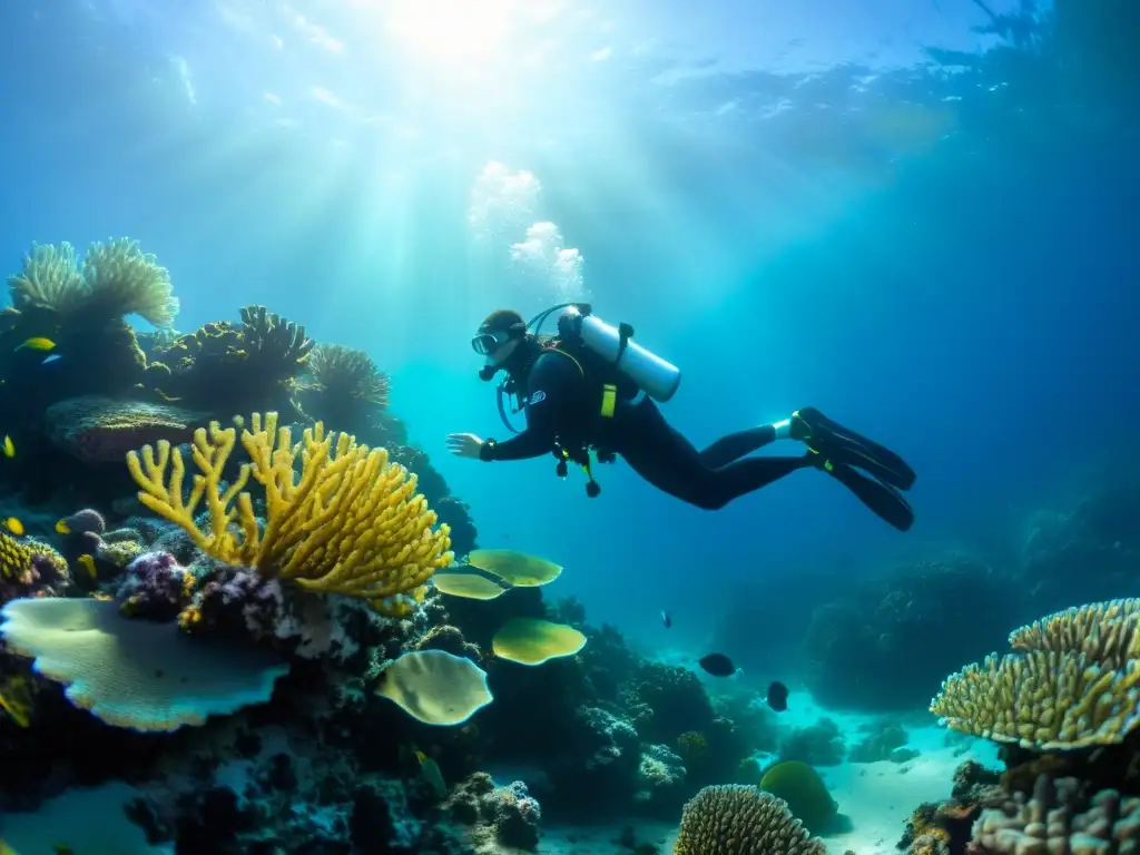 Un buceador explora un vibrante arrecife de coral, mostrando un retorno seguro al agua con consejos de buceo responsables