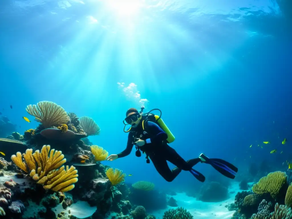 Un buceador explora el vibrante arrecife rodeado de coral bajo el agua clara y soleada