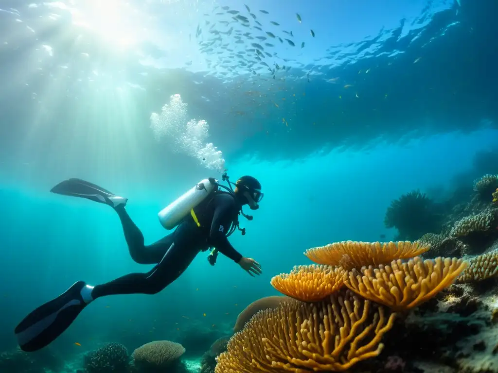 Un buceador recolecta krill en un vibrante arrecife de coral