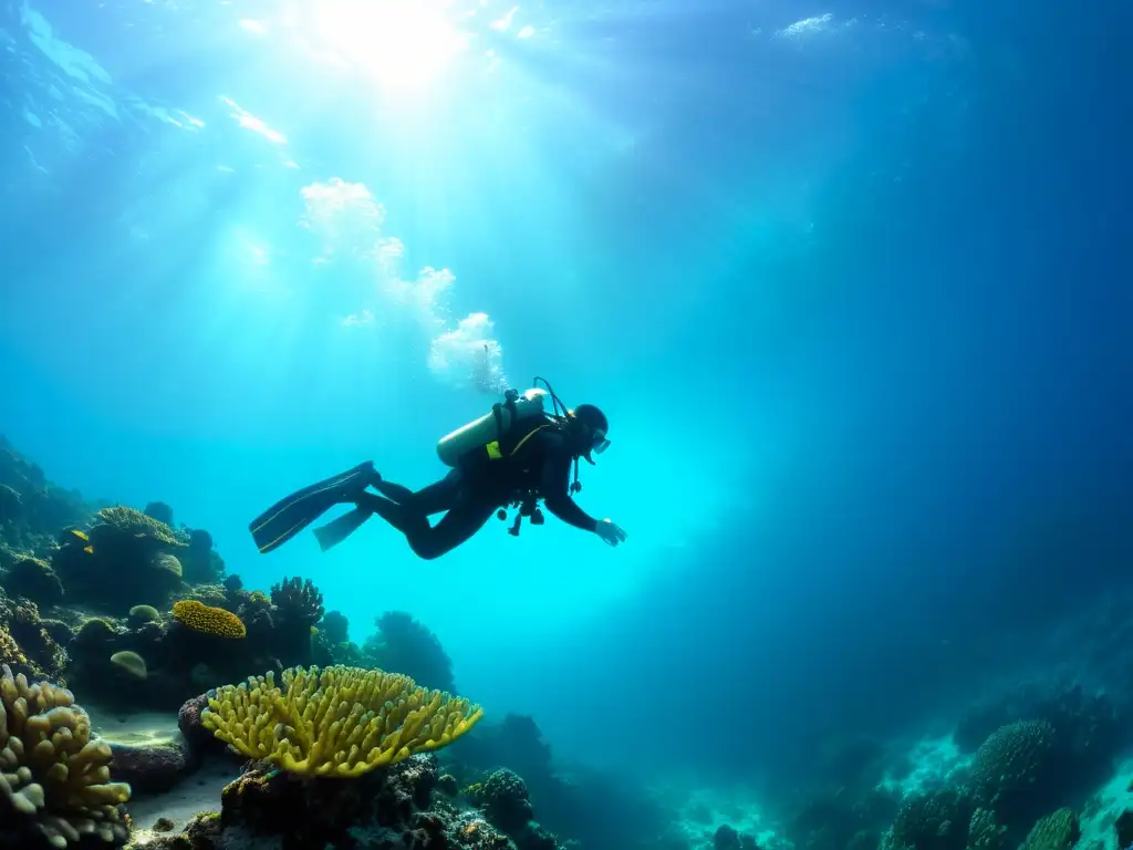 Un buceador explora el vibrante mundo submarino, evocando tranquilidad y aventura