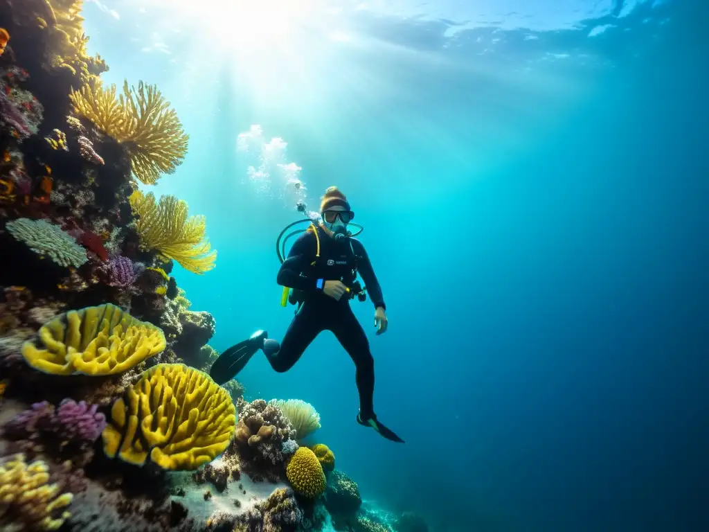 Exploración submarina: Diver entre arrecifes de coral y vida marina Un buceador explora un vibrante mundo submarino, rodeado de mejoras reguladores buceo inmersiones y vida marina diversa, en aguas cristalinas