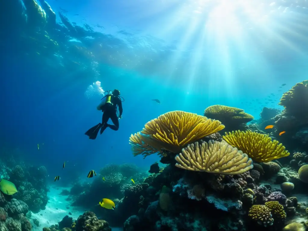 Un buceador explora un vibrante paisaje marino rodeado de arrecifes de coral y vida marina, bajo aguas cristalinas