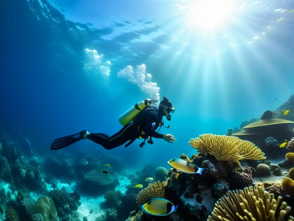 Buceador explorando vibrantes arrecifes de coral, equipado con baterías de larga duración para buceo