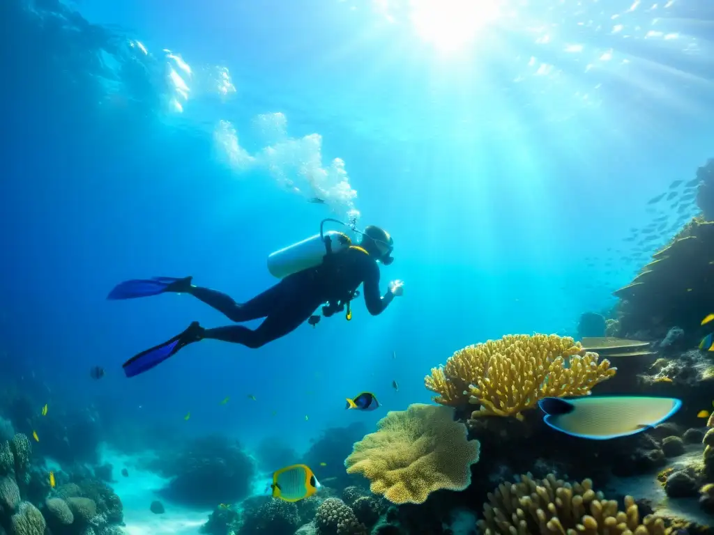 Un buceador en armonía con la vida marina en un arrecife de coral vibrante