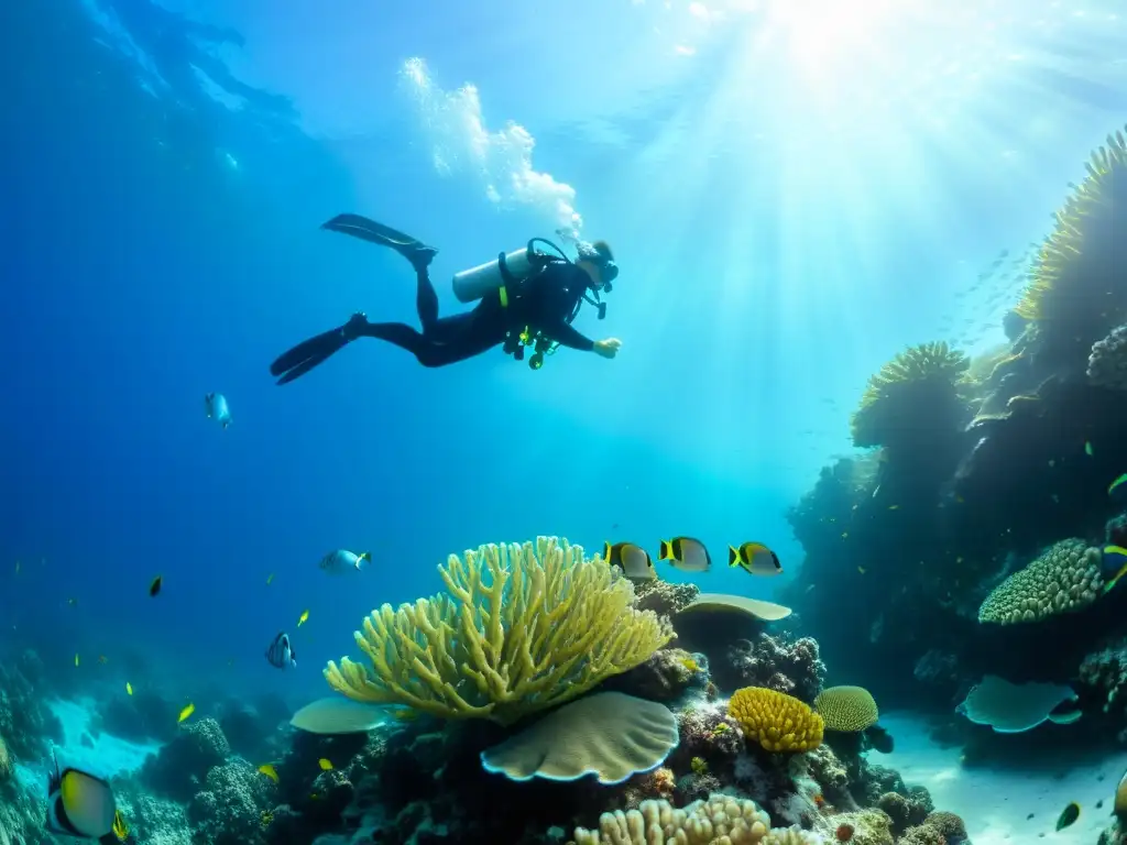 Un buceador disfruta de la vida marina en un arrecife de coral, transmitiendo la serenidad y la belleza del mundo submarino