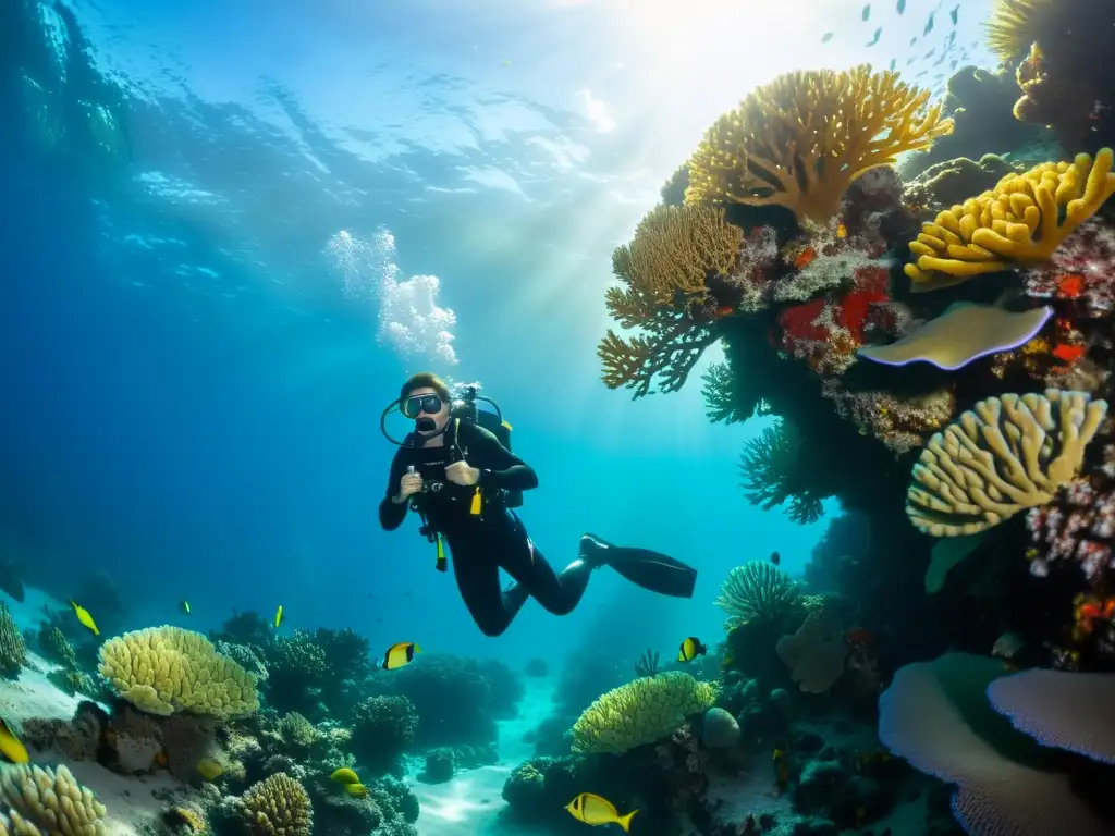 Un buceador certificación Rescue Diver en vida marina, rodeado de un vibrante arrecife de coral y colorida vida marina