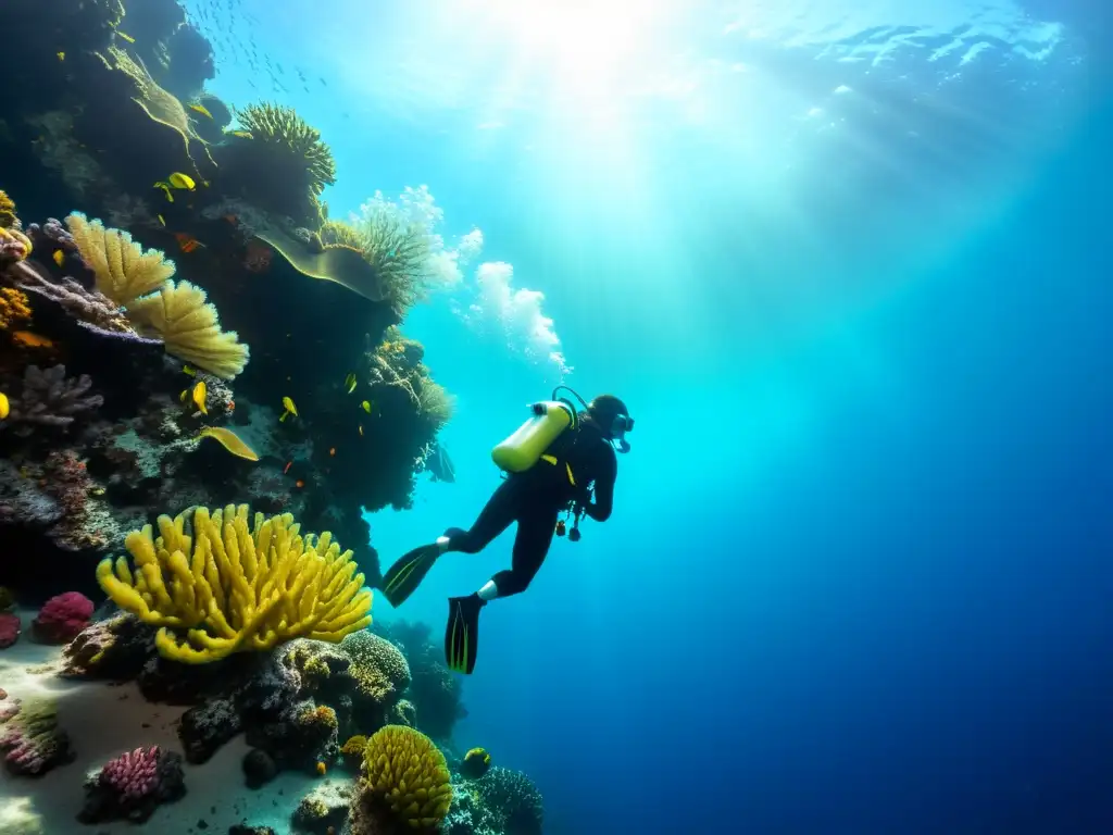 Un buceador disfruta de la vida marina rodeado de corales y vida marina colorida, demostrando Técnicas para economizar aire buceo