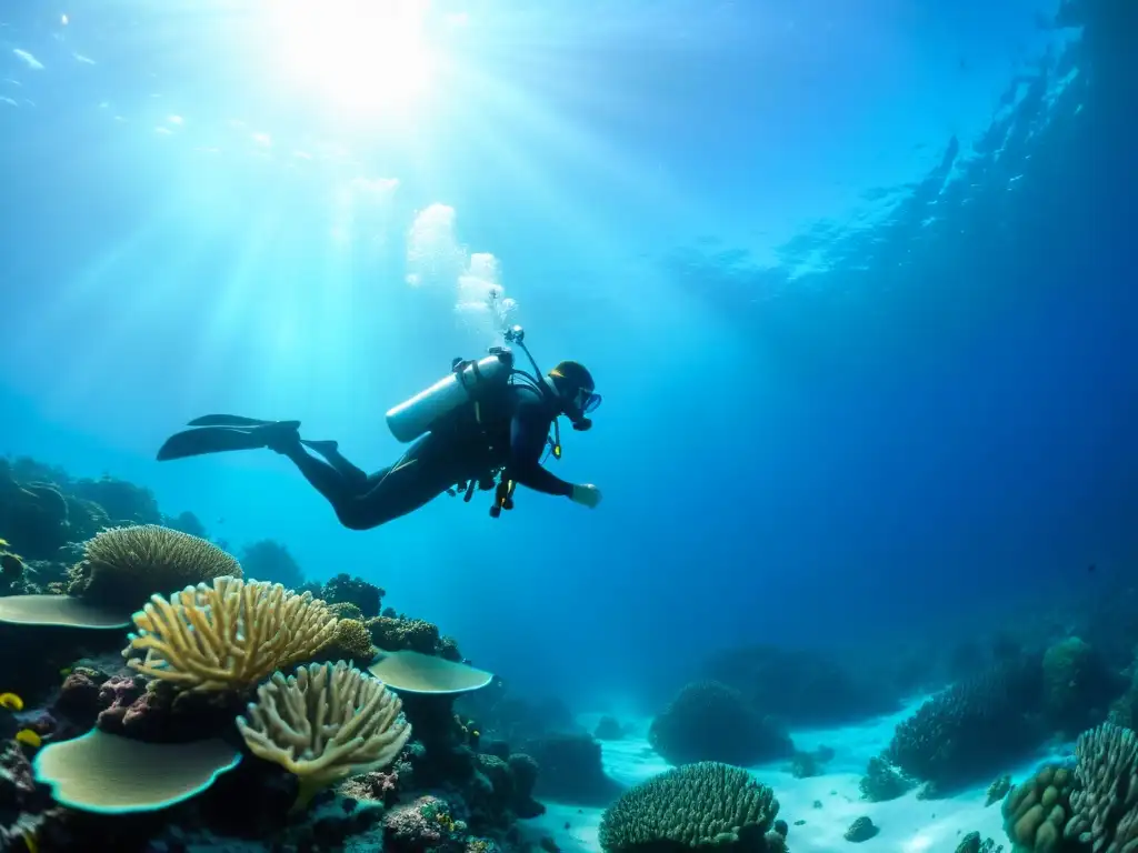 Un buceador capturando la videografía submarina en condiciones extremas entre arrecifes de coral vibrantes bajo la luz del sol en aguas cristalinas