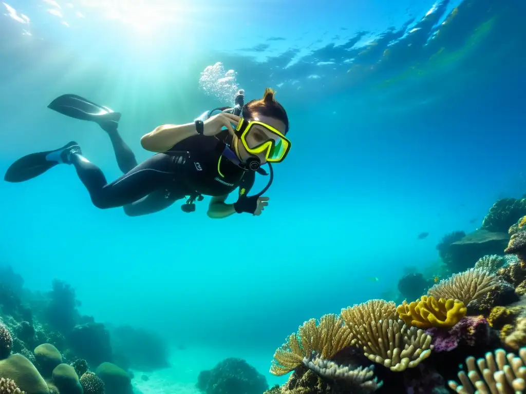 Buceador disfruta de la visibilidad revolucionaria con máscara de buceo en aguas turquesa rodeado de coloridos corales y vida marina