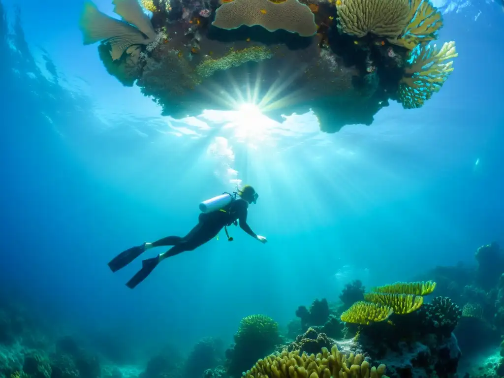 Una buceadora embarazada nada elegantemente junto a un vibrante arrecife de coral, mostrando la armonía entre la maternidad y el océano