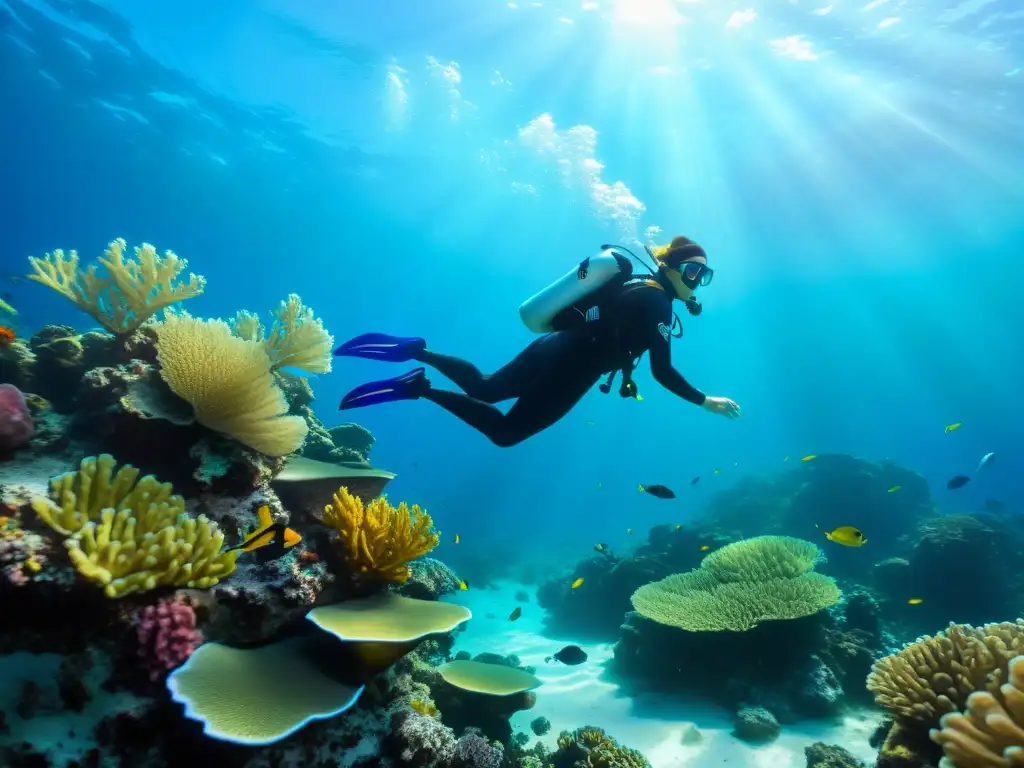 Una buceadora embarazada disfruta de la serenidad del océano, rodeada de vida marina y coloridos arrecifes de coral