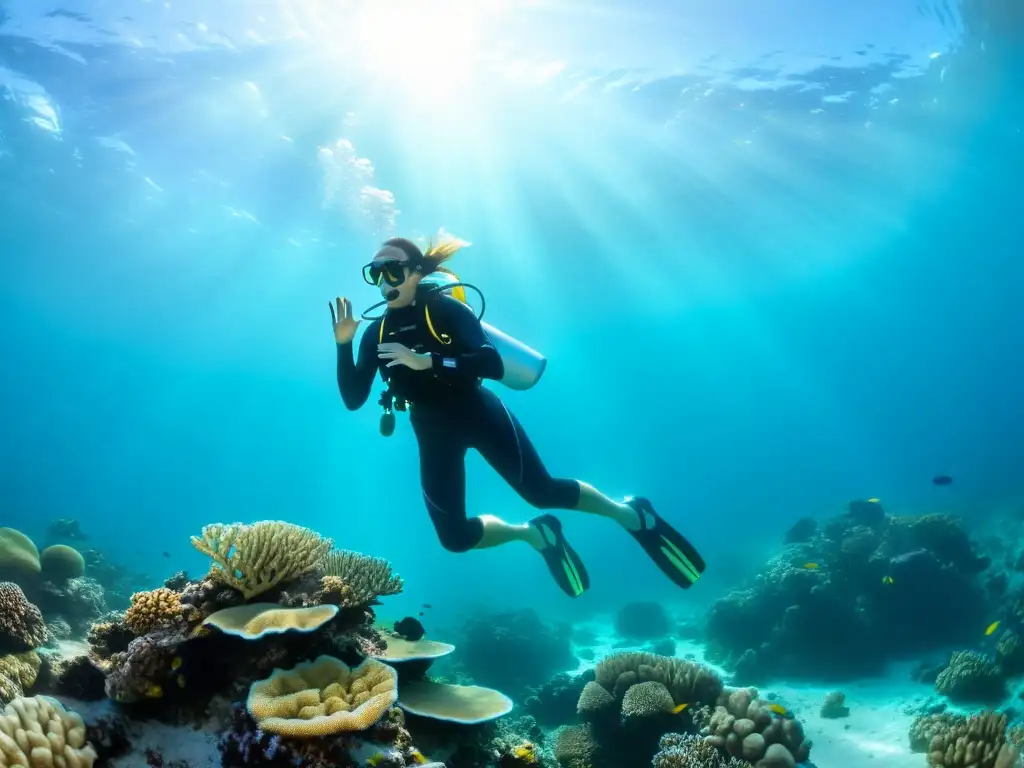 Una buceadora explora un vibrante arrecife de coral, rodeada de vida marina