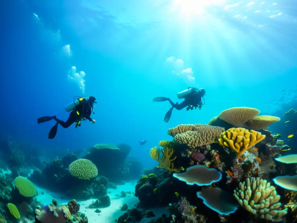 Buceadores explorando un arrecife de coral vibrante, iluminados por el sol y rodeados de peces coloridos