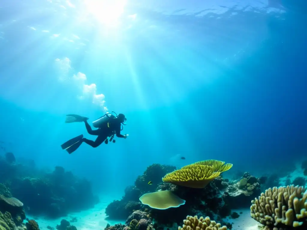 Buceadores explorando pacíficamente un arrecife de coral, demostrando su destreza y conexión con la vida marina