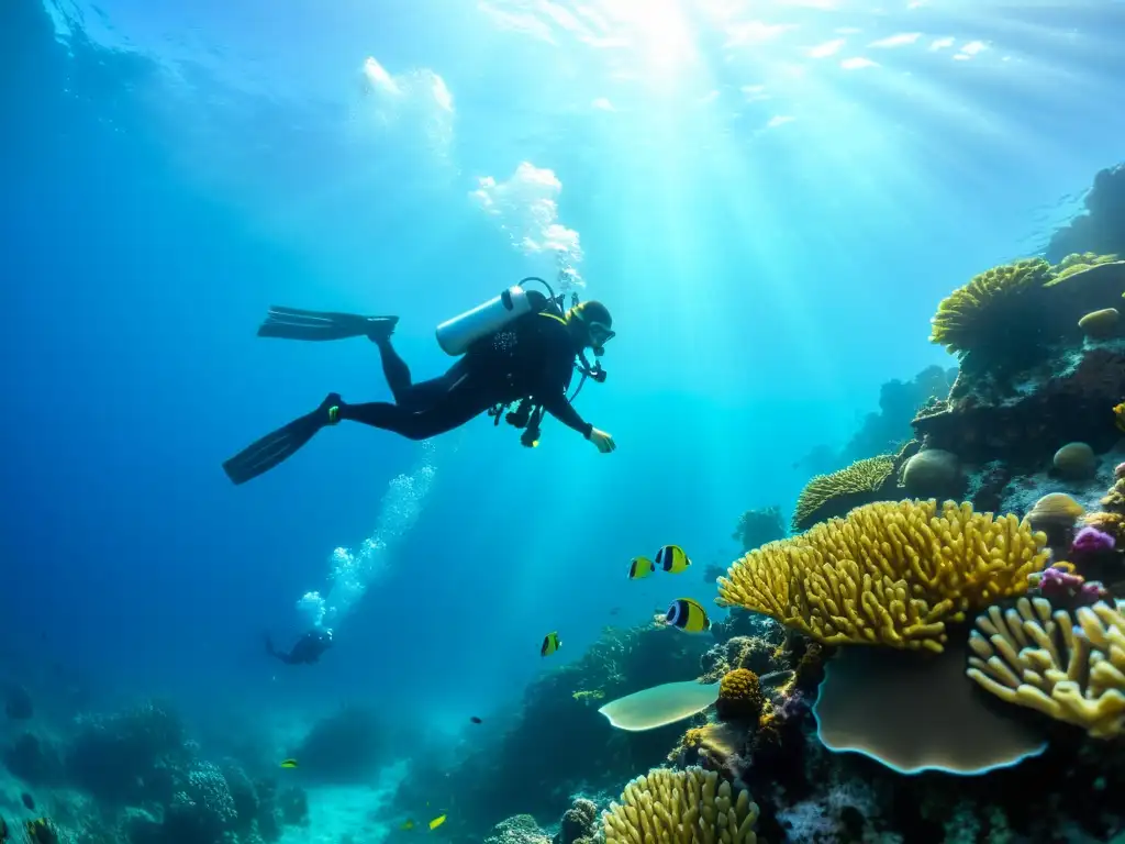 Buceadores explorando un arrecife de coral vibrante bajo el agua, equipamiento de entrenamiento para buceadores