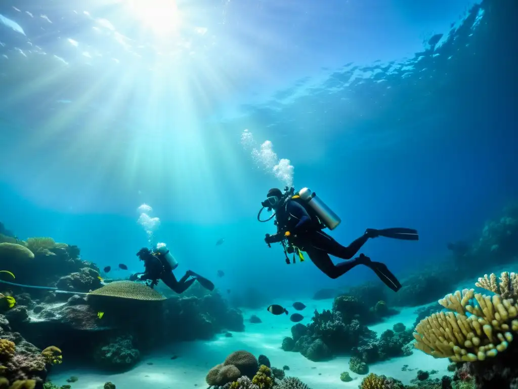 Buceadores explorando arrecifes de coral, mostrando el manejo del estrés oxidativo en buceadores en un entorno marino vibrante y desafiante