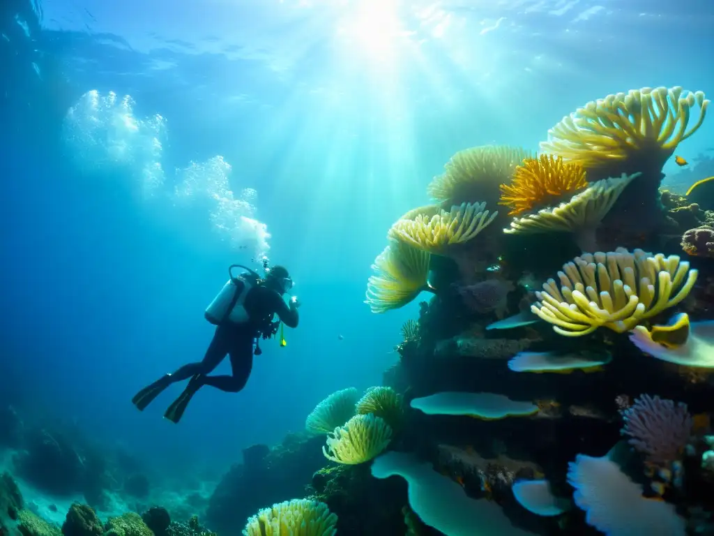 Buceadores con equipamiento de entrenamiento en arrecife de coral, mostrando destreza y dedicación en el fondo marino a 30 metros de profundidad