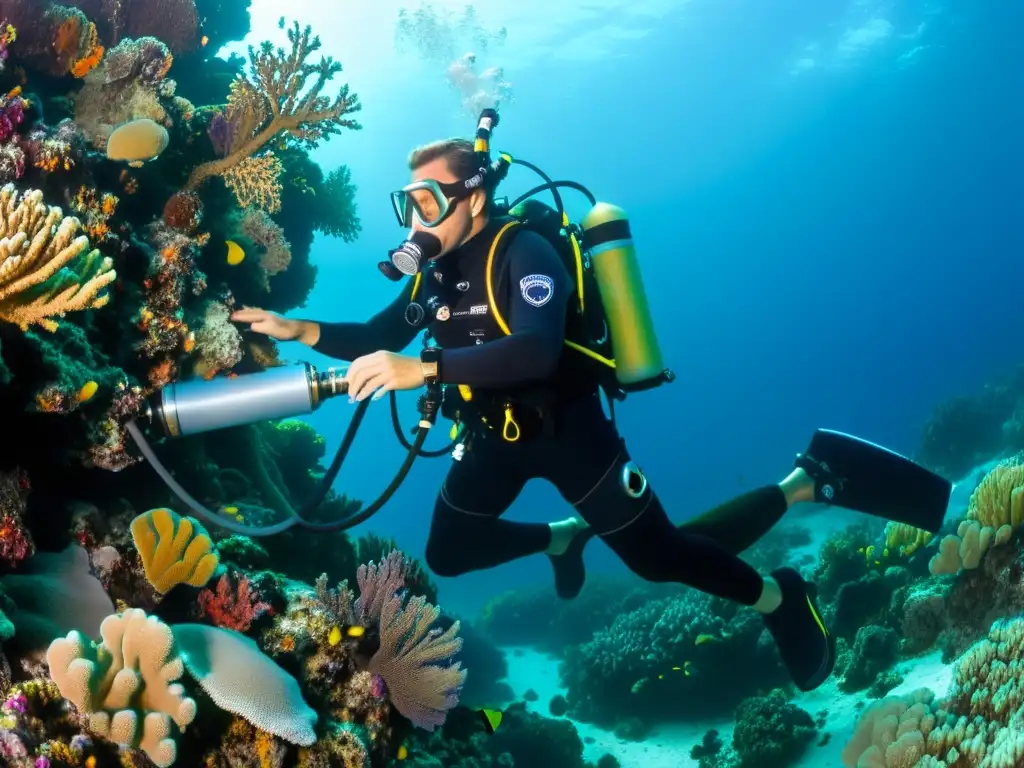 Dos buceadores experimentados exploran un arrecife de coral, uno con un sistema CCR y el otro con un sistema SCR, rodeados de vida marina