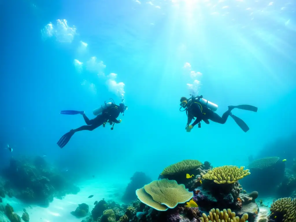 Buceo adaptado para discapacitados: Diversos explorando un arrecife de coral, rodeados de peces coloridos en aguas turquesas