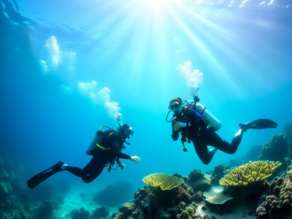 Buceo adaptado para discapacitados: Diversidad y empoderamiento en un vibrante arrecife de coral, con rayos de sol iluminando el agua cristalina