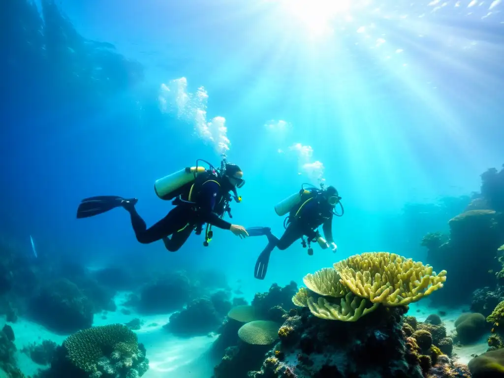 Buceo adaptado para discapacitados: Diversión inclusiva entre corales vibrantes y vida marina, bajo el sol filtrado en el agua