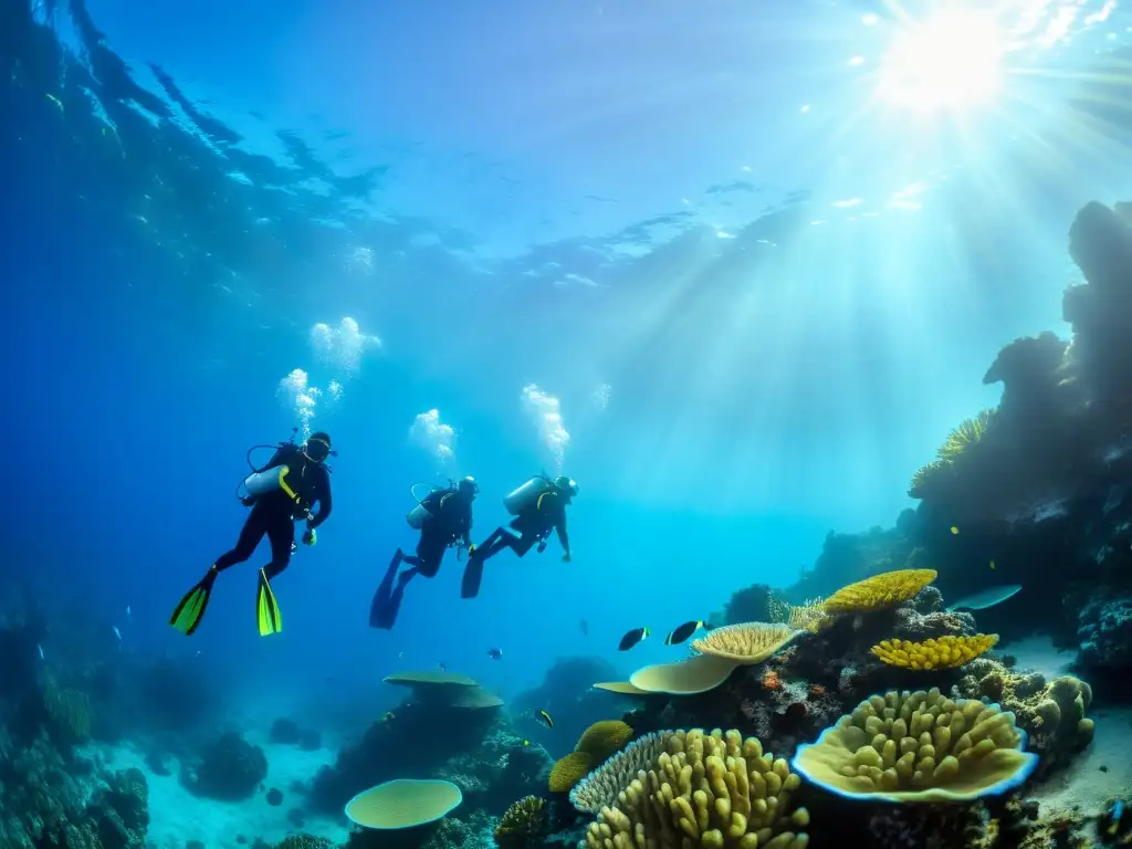 Buceo adaptativo: exploración inclusiva de arrecife de coral con diversidad de habilidades y equipo, rodeados de vida marina vibrante