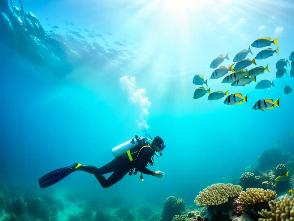 Buceo en aguas cristalinas con máscara de buceo con prescripción, rodeado de coral y peces de colores vibrantes