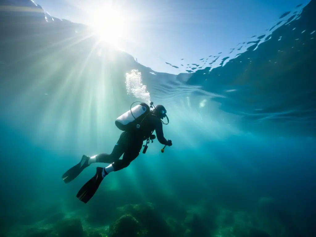 Buceo en aguas frías: preparación para la aventura en el lago helado, con buzos descendiendo en aguas cristalinas y filtración de luz solar