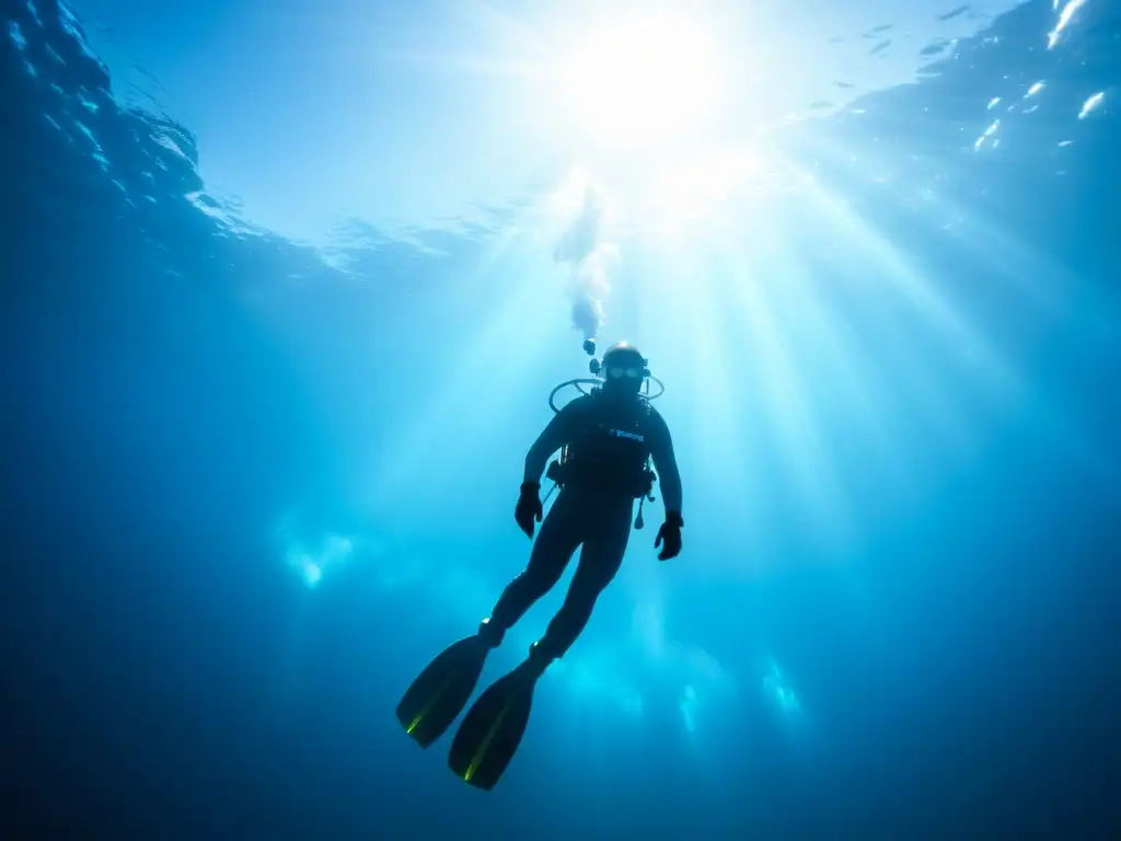 Buceo en aguas frías preparación: Un buceador desciende en aguas heladas, rodeado de un sereno azul y formaciones de hielo