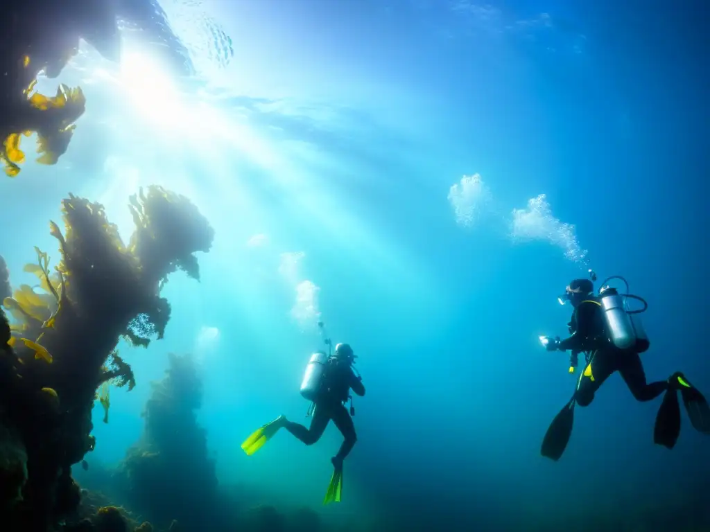 Buceo en aguas frías: exploración de kelp forest con buzos y vida marina vibrante bajo el agua cristalina