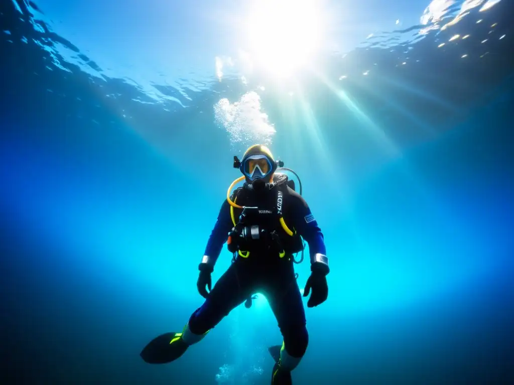 Buceo en aguas frías: preparación para la inmersión en un lago cristalino y frío, con el equipo de buceo vibrante y burbujas danzantes