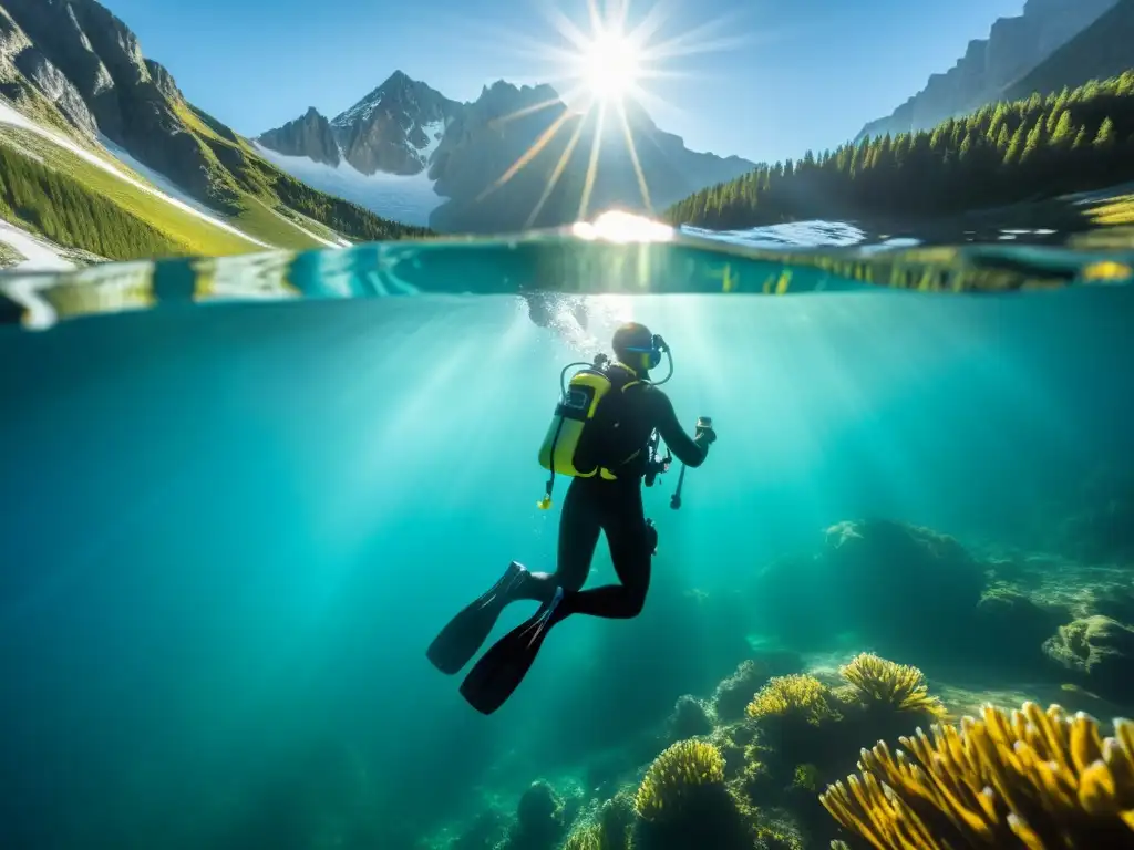 Preparación para buceo de alta altitud en un lago alpino cristalino, rodeado de montañas nevadas, creando un ambiente sereno y etéreo