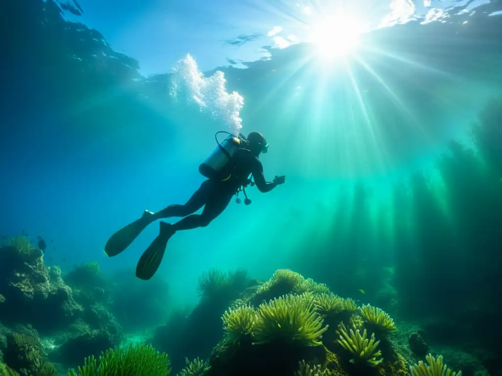 Preparación para el buceo de altitud: inmersión en lago alpino cristalino con flora acuática vibrante y luz solar filtrándose en el agua