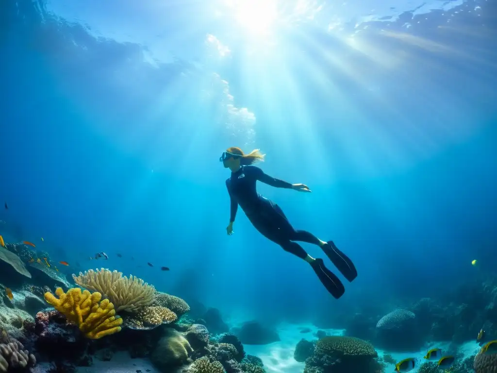 Buceo en apnea y freediving: un apacible descenso en el mar azul, rodeado de vida marina colorida y arrecifes de coral vibrantes